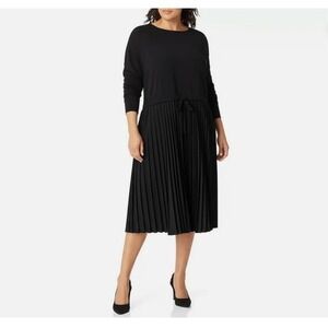 J.Jill Black Pleated Midi Dress 3/4 Sleeve Drawstring Waist Size L